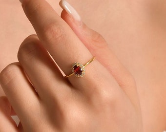 14K Gold Garnet Ring, Diamond Garnet Ring, Halo Garnet Ring, January Birthstone, Engagement Handmade Jewelry, Birthday Gift, Christmas Gift