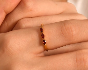 Dainty Garnet Ring, Solid Gold Ring, Trio Garnet Ring, Marquise Cut Garnet Ring, Stacking Garnet Ring, Birthday Gift, Mothers Day Gift