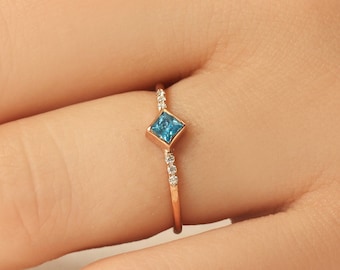 14K Solid Gold Sky Blue Topaz Ring, Princess Diamond Band