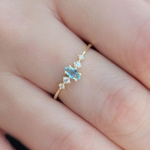 14K Gold Oval Aquamarine Gemstone Ring, Diamond Accent Minimalist Wedding Band