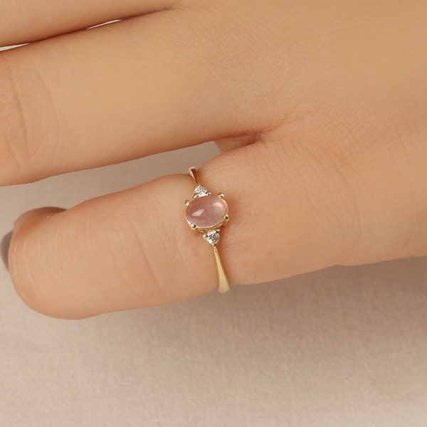Pink Moonstone Diamond Ring, Rose Quartz Diamond Ring, 14K Solid Gold Ring, Dainty Pink Stone Ring, Natural Rose Quartz, Handmade Jewelry