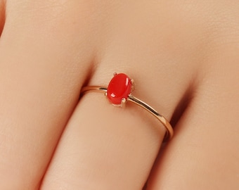 Solitaire Red Coral Ring, 14K Gold Coral Ring, Coral Wedding Rings, Gemstone Jewelry, Birthstone Ring, Handmade Coral Ring, Gift For Mother