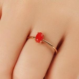 Solitaire Red Coral Ring, 14K Gold Coral Ring, Coral Wedding Rings, Gemstone Jewelry, Birthstone Ring, Handmade Coral Ring, Gift For Mother