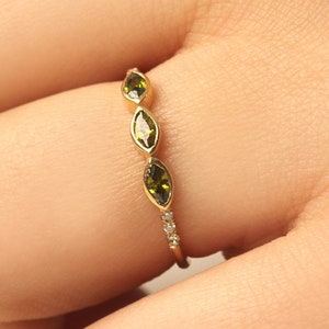 Peridot Diamond Gold Ring, Solid Gold Ring, Marquise Peridot Wedding Band Ring, Stacking Ring, Olive Gemstone Ring 8K 10K 14K 18K Available