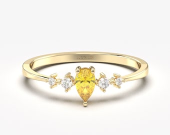 14K Solid Gold Pear Citrine Ring | Diamond Accent Jewel November Birthstone