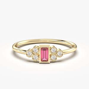 14K Gold Baguette Ruby Diamond Ring, Solid Gold Rectangle Ruby and CZ Gemstone Ring, Dainty July Birthstone, Birthday & Mother&#39;s Day Gift