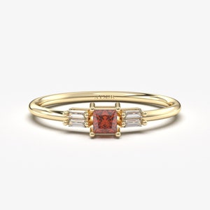14k Gold Princess Garnet Ring, Diamond Baguette and Square Gemstone Ring, Statement Anniversary Ring, January Birthstone Ring, Birthday Gift