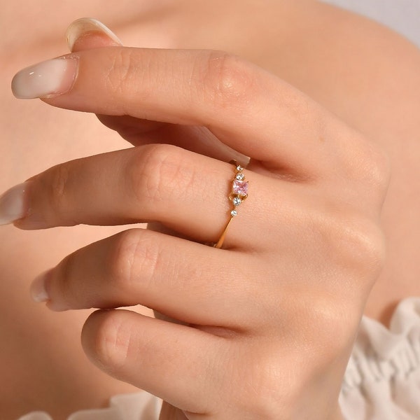 Pink Sapphire Ring, 14K Gold Ring, Pink Sapphire and Diamond Ring, Minimalist Ring, Anniversary Ring, October Birthstone Ring, Birthday Gift