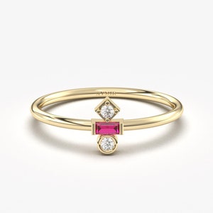 14K Gold Minimalist Ruby Diamond Ring, Baguette Ruby Gold Ring, Red Gemstone Ring, July Birthstone Ruby Ring, Birthstone and Girlfriend Gift