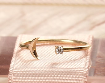 Crescent Moon Diamond Ring, Solid Gold Stacking Ring, Handmade Jewelry
