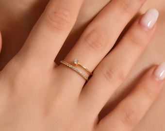 Dainty Diamond Engagement Ring, Solid Gold Diamond Ring, Half Eternity and Solitaire ring, Anniversary Ring, Bridal Jewelry, Wedding Band