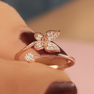 Diamond Freedom Butterfly Ring, Solid Gold Ring, Statement Butterfly Special Woman Ring, Handmade Custom Jewelry, Rose White Yellow Ring