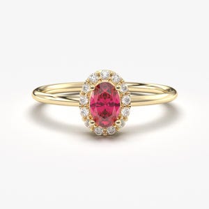 Oval Ruby Halo Diamond 14K Solid Gold Ring, July Birthstone Engagement Band