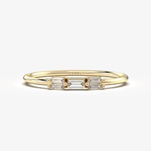 14K Solid Gold Baguette Diamond Ring, Art Deco Stackable Band