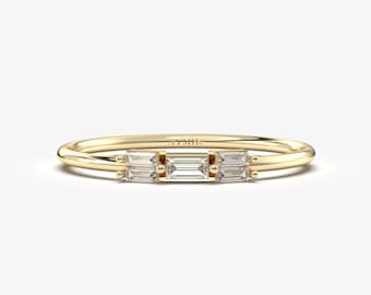 14K Solid Gold Baguette Diamond Ring, Art Deco Stackable Band