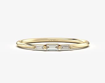 Three Baguette Diamond 14K Solid Gold Ring, Dainty Trilogy Wedding Band