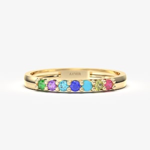 14K Solid Gold Custom Birthstone Ring, Personalized Stone Dainty Family Band
