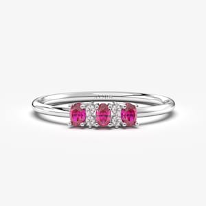 Oval Ruby Three Stone 925 Sterling Silver Ring, July Birthstone Stacking Band