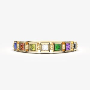 14K Solid Gold Personalized Princess Birthstone Ring, Custom Family Stackable Band