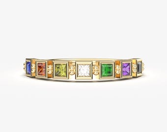 14K Solid Gold Personalized Princess Birthstone Ring, Custom Family Stackable Band