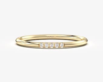 14K Solid Gold Five Diamond Ring, Minimalist Thin Wedding Band