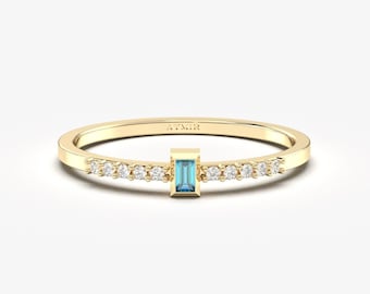 14K Solid Gold Baguette Sky Blue Topaz Diamond Ring, December Birthstone Stackable Band