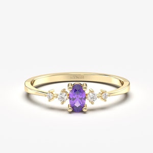 14k Gold Amethyst Diamond Ring, Solid Gold Amethyst Wedding Ring, Oval Cut Amethyst Stacking Ring, February Birthstone Ring, Christmas Gift