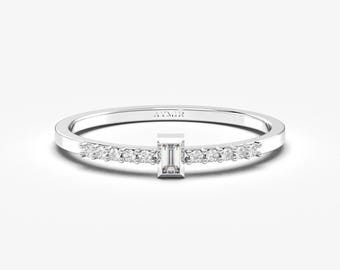 925 Sterling Silver Baguette CZ Ring, Bezel Promise Stackable Band