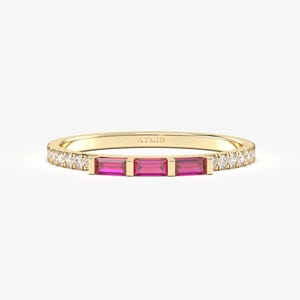 14K Solid Gold Baguette Ruby Diamond Ring, Stack July Birthstone Band