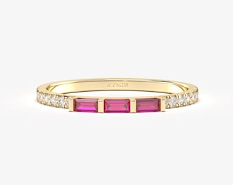 14K Solid Gold Baguette Ruby Diamond Ring, Stack July Birthstone Band