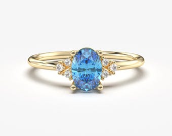 14K Solid Gold Oval Sky Blue Topaz Diamond Ring, December Birthstone Promise Ring