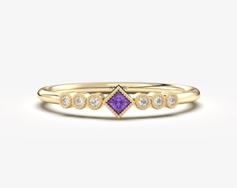 14K Solid Gold Princess Amethyst Diamond Ring, February Birthstone Delicate Band