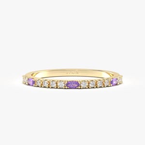 14K Solid Gold Marquise Amethyst Ring, February Birthstone Half Eternity Band