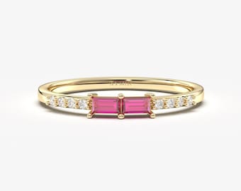 14K Solid Gold Ruby Ring, Baguette Diamond Cluster July Birthstone Band