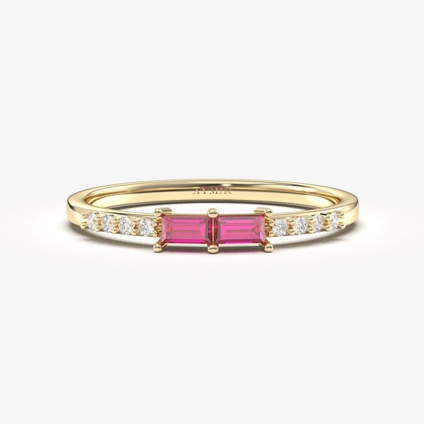 14K Solid Gold Ruby Ring, Baguette Diamond Cluster July Birthstone Band