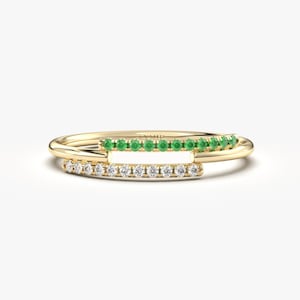 Round Emerald Diamond Double Band 14K Solid Gold Ring, May Birthstone Stackable Band