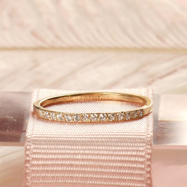 Diamond Wedding Band | Solid Gold Diamond Wedding Ring Women | Wedding Stacking Ring | 14k Gold Rose White Wedding Band Ring, Christmas Gift