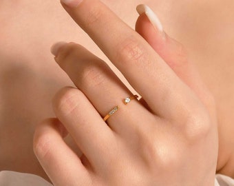 14K Gold Open Diamond Ring, Minimalist Cuff Ring, Diamond Cuff Ring, Solid Gold Ring, Dainty Gold Ring, Delicate Gold Ring, Birthday Gift