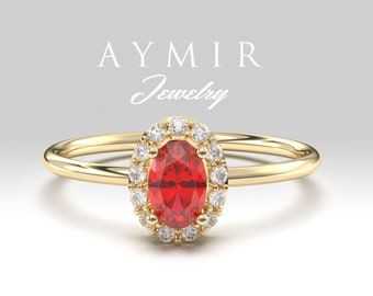 14K Solid Gold Oval Ruby Diamond Halo Ring, Engagement Classic Band