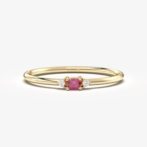 14K Solid Gold Oval Ruby Diamond Ring, July Birthstone Anniversary Band