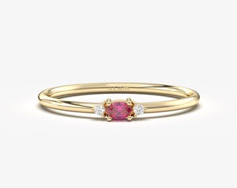 14K Solid Gold Oval Ruby Diamond Ring, July Birthstone Anniversary Band