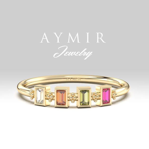 Personalized Dainty Birthstone Gold Ring, Unique Family Ring, Birthstone Ring, Custom Baguette Gemstone Ring, 10K 14K 18K Gold Birthday Ring