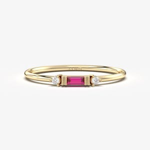 14K Solid Gold Baguette Ruby Diamond Ring, July Birthstone Minimalist Band