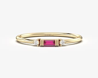 14K Solid Gold Baguette Ruby Diamond Ring, July Birthstone Minimalist Band
