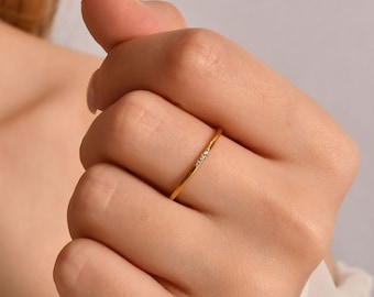 Delicate Diamond Ring, Solid Gold Ring, Tiny Diamond Ring, Minimalist Ring, Gold Ring, Wedding Band Ring, Thin Ring, 14K Gold Stacking Ring