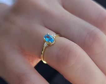 14K Gold Sky Blue Topaz Diamond Ring | Oval 6x4mm Gemstone Promise Ring