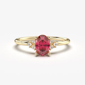 14K Solid Gold Oval Ruby Diamond Ring, July Birthstone Engagement Band