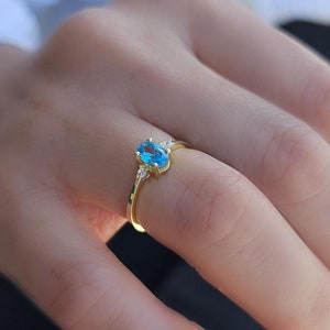 14K Gold Sky Blue Topaz Diamond Ring | Oval 6x4mm Gemstone Promise Ring