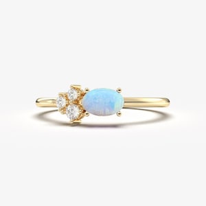 Oval Opal Diamond Ring 14K Solid Gold, October Birthstone Engagement Band