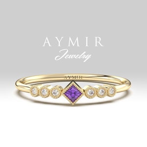 Dainty Amethyst Gold Ring, Solid Gold Amethyst Diamond Ring, February Birthstone Ring, Handmade Jewelry, Purple Amethyst Ring, Birthday Gift